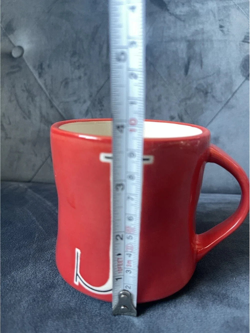 EUC Anthropologie Hand Painted Mug J Monogram Red White Black Letter Handle